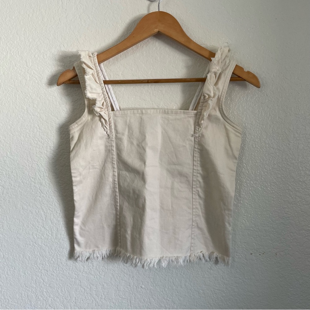DL1961 Ruffle Fray Tank Crop Top Cora Ecru Cream Beige Coastal Boho Square Neck